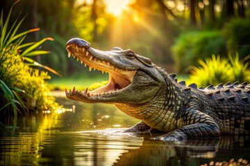 Fototapeta premium A menacing alligator, its powerful jaws wide open, lazily soaks up the warm sunlight by the serene pond, surrounded by lush green vegetation.