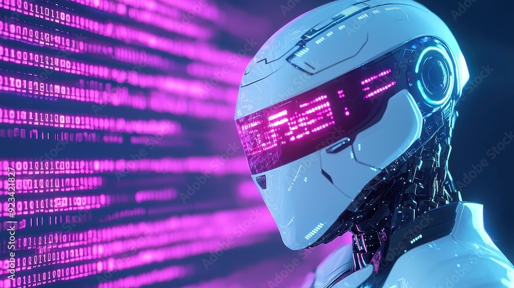 Poster ai analytics robot, a futuristic digital landscape featuring a sleek robot surrounded by vibrant dat