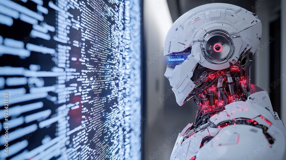 Poster ai analytics robot, a futuristic scene featuring a sleek, intelligent robot surrounded by digital in