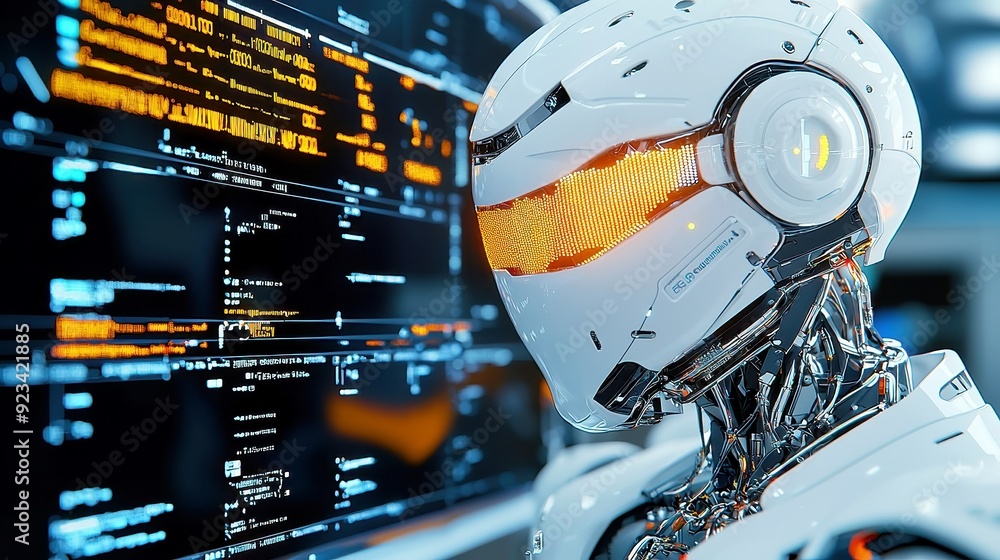 Poster intelligent data analysis robot, a futuristic ai entity designed to analyze complex data sets, surro