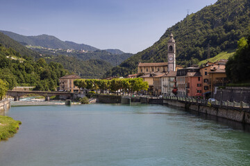 View of the beautiful spa town of San Pellegrino Terme and the Brembo river, in the Province of...