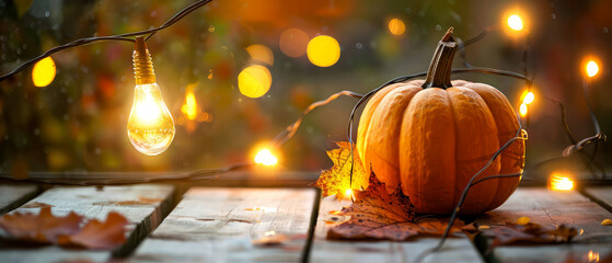 Fall background, garden, backyard, patio with wooden terrace decorated pumpkins, street garland,...