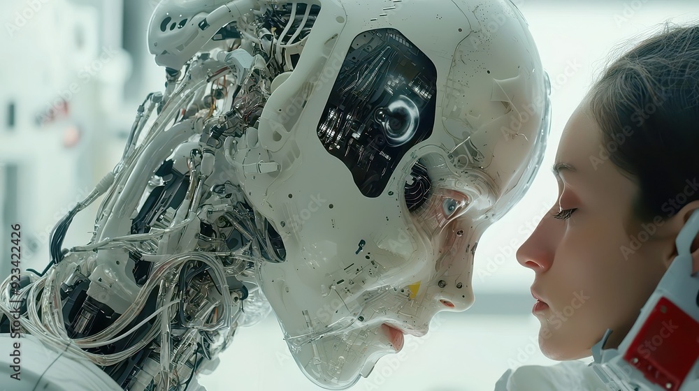 Poster ai robot observing the scientist, a moment of curiosity and connection, reflecting the culmination o