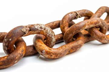 Fototapeta premium Rusty old chain with corroded metal links and worn-out hooks isolated on a clean white background, symbolizing decay, neglect, or abandonment.