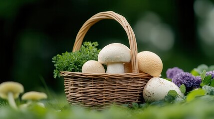 A basket filled with fresh mushrooms and herbs, showcasing nature's bounty in a serene outdoor setting.