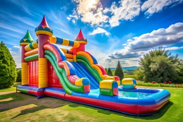 Vibrant and playful bounce house water slide stands tall outdoors, featuring a majestic colorful bouncy castle slide for kids to enjoy in a fun-filled playground setting.