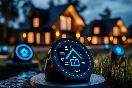 A neighborhood view showing several houses equipped with modern security systems, contributing to a safer community with shared alerts and notifications