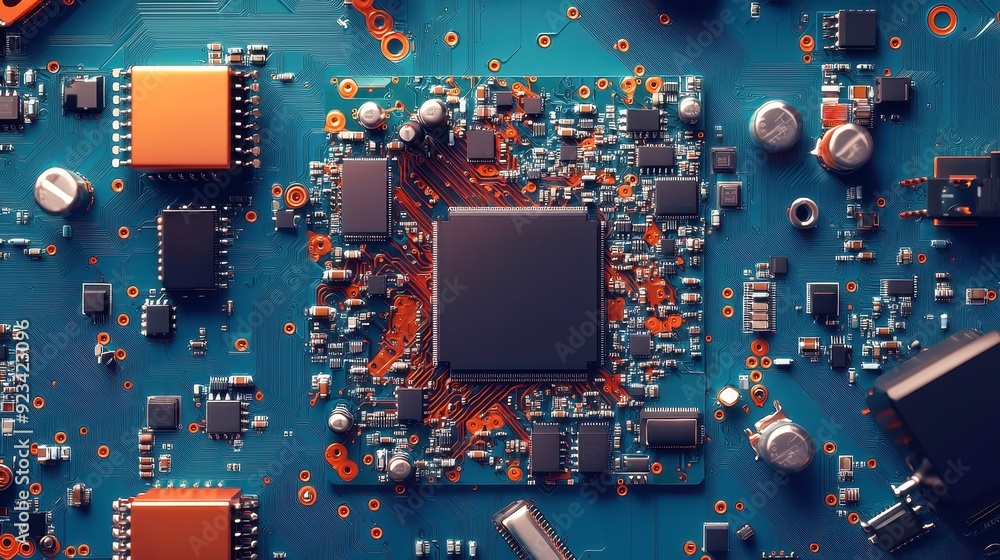 Poster ai innovation, a close-up view of a computer chip intricately embedded in a blue circuit board, symb