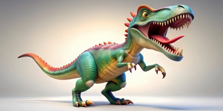 A colorful, whimsical 3D cartoon dinosaur with a wide-open mouth, revealing sharp teeth, stands on its hind legs, ready to roar in a funny, exaggerated pose.
