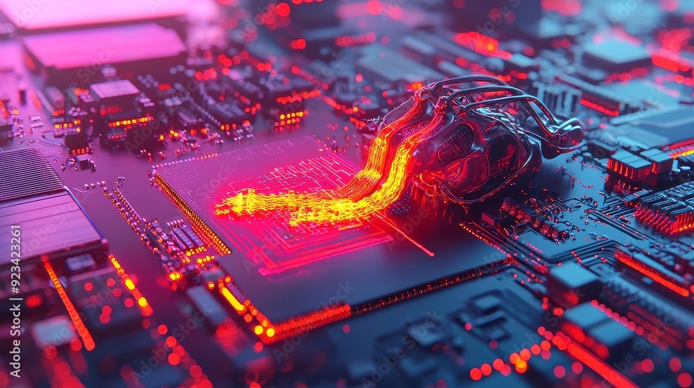 Poster ai in a digital landscape, a vibrant and intricate web of technology symbols and circuits showcasing