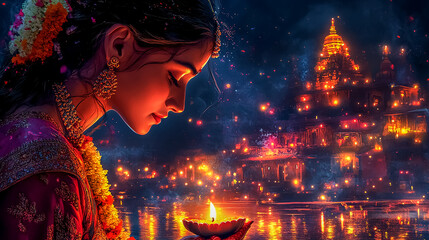 Dia lamp in the hands of a Hindu woman in a traditional sari for Diwali. Victory of light over darkness. Hindu holiday