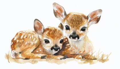 Two playful fawns resting together on a grassy field in a serene natural setting