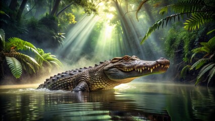Fototapeta premium An alert crocodile gliding stealthily through a dark, jungle-covered river