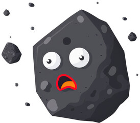 A cartoon asteroid with a surprised expression, surrounded by smaller asteroids.