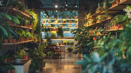 Indoor plant store with lush greenery and cozy atmosphere
