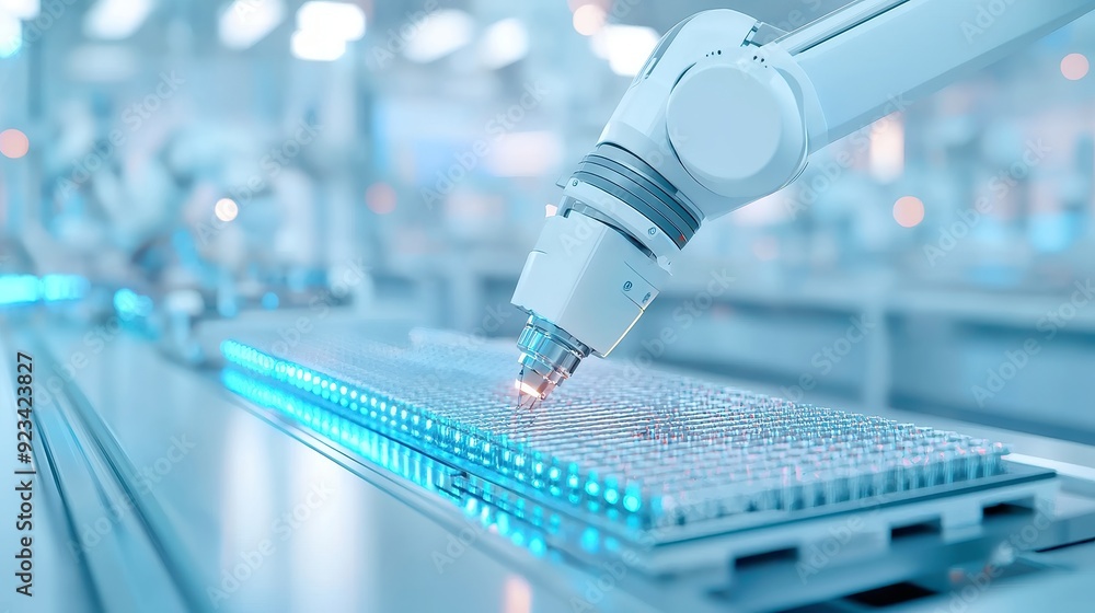 Poster intelligent factory automation, a cutting-edge robotic arm operates within an advanced manufacturing
