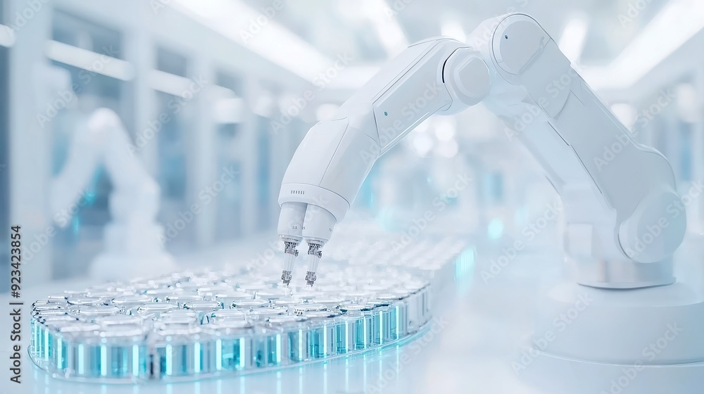 Poster intelligent factory automation, a robotic arm operates seamlessly, enhancing production efficiency, 