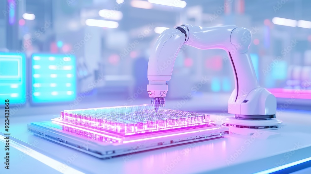 Poster intelligent factory automation, advanced robotic arm operating within a smart industry environment, 