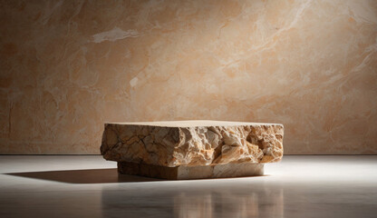 A rectangular block of brown marble rests on a smooth white surface, against a backdrop of a matching brown marble wall with intricate patterns.
