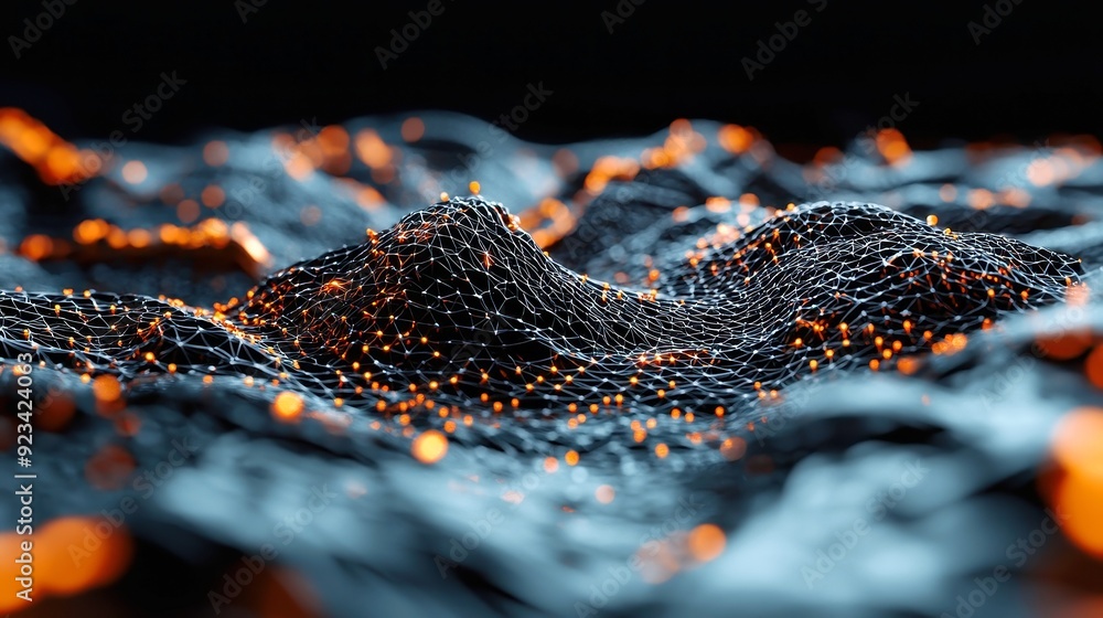 Poster connected technological 3d wave dots create a dynamic landscape, illustrating the fusion of innovati