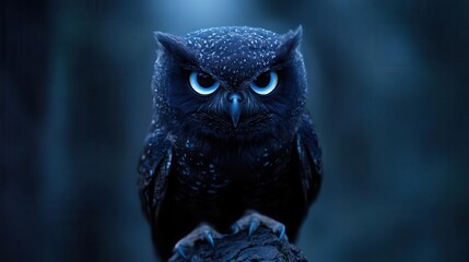 A mysterious owl perched in a dim forest, showcasing striking features and an intense gaze against a dark backdrop.