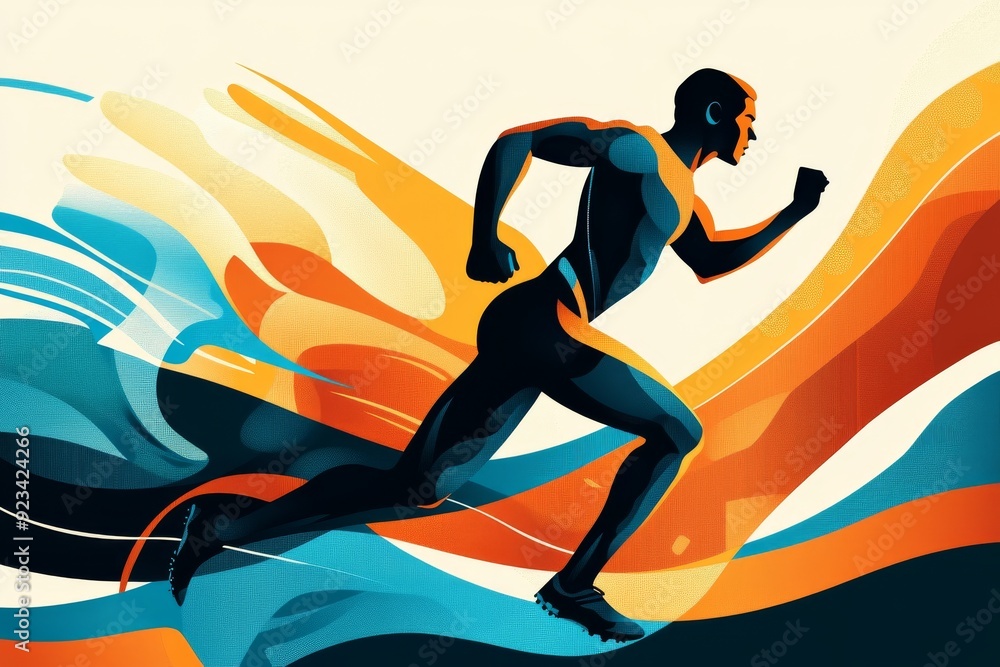 Poster dynamic illustration of a runner in motion with vibrant abstract background
