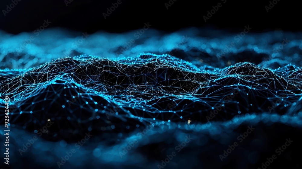 Poster blue abstract backdrop featuring an intricate cyber network grid interconnected with luminous partic