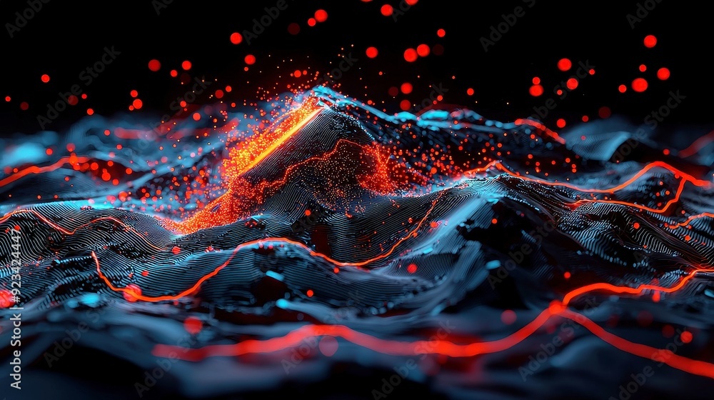 Poster blue abstract backdrop featuring a dynamic cyber network grid, interconnected particles forming an i