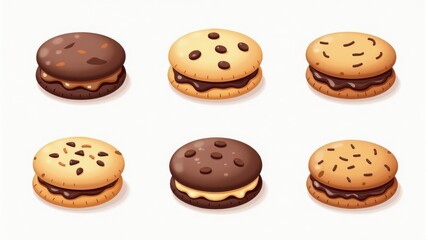 Obraz premium Assorted Chocolate and Vanilla Cookie Sandwiches Illustration â€“ Delicious Baked Goods with Sprinkles and Chocolate Chips