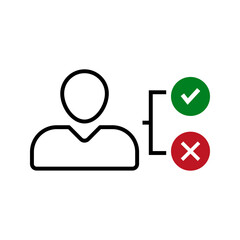 person with checkmark and cross symbol, illustration of choice, decision, and vote icon vector