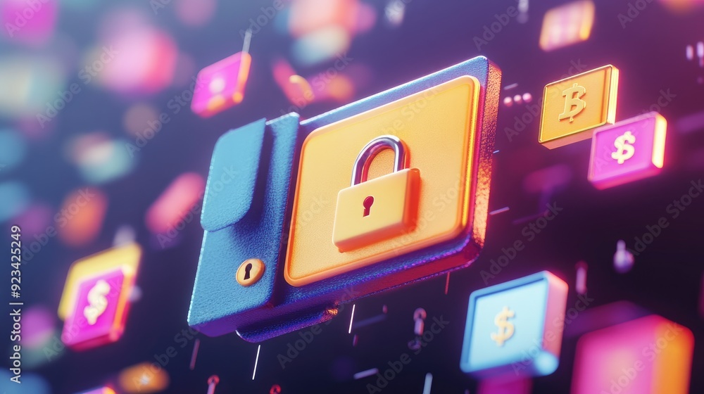Poster a digital wallet in 3d with secure locks and currency icons, representing safe financial transaction