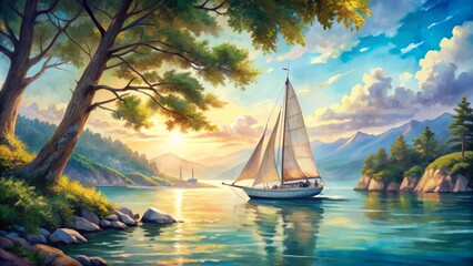 Vibrant watercolor illustration of a majestic sailboat drifting on serene Mediterranean Sea waters, surrounded by lush greenery, under a warm sunny sky.