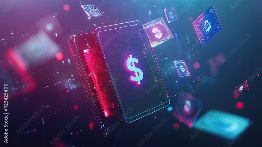 Poster a digital wallet in 3d with various currency symbols floating around, illustrating global financial 