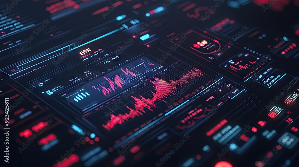 Poster a futuristic 3d model of a financial app interface, displaying real-time stock and currency data.