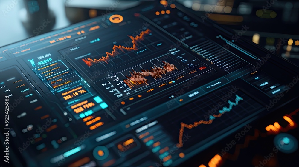 Poster a futuristic 3d model of a financial app interface, displaying real-time stock and currency data.