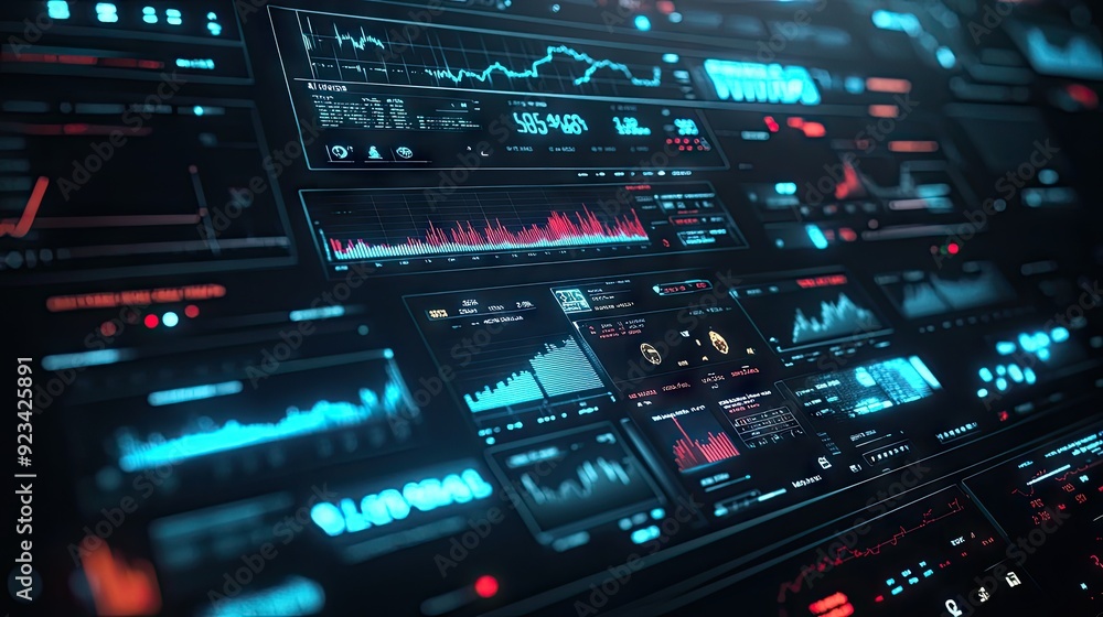 Poster a futuristic 3d model of a financial app interface, displaying real-time stock and currency data.
