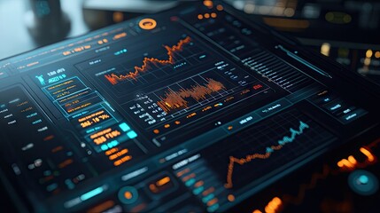 Fototapeta premium A futuristic 3D model of a financial app interface, displaying real-time stock and currency data.