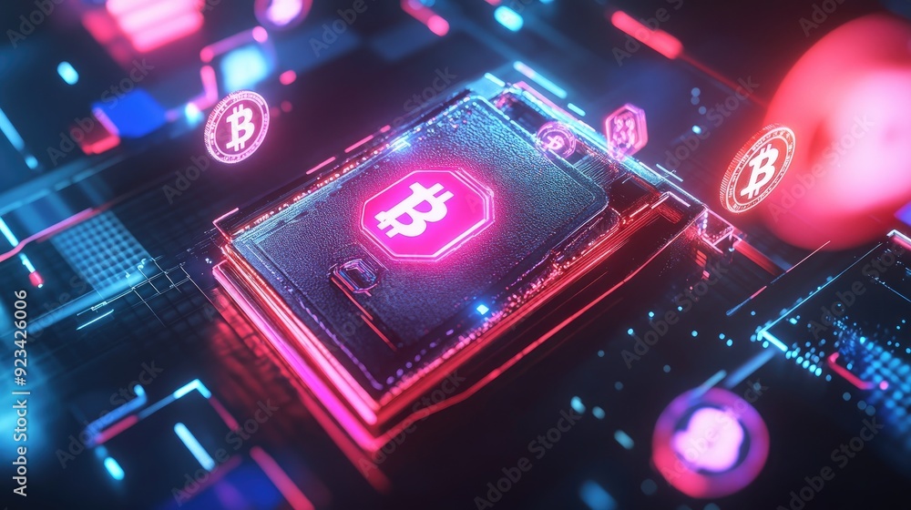 Poster a futuristic 3d model of a wallet with digital currency icons hovering above, representing financial
