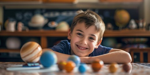 A young boy is sitting on a table with a group of planets
