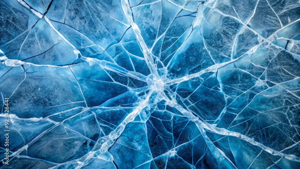 Poster frozen blue abstract background with intricate cracks and fissures spreading across the surface of t