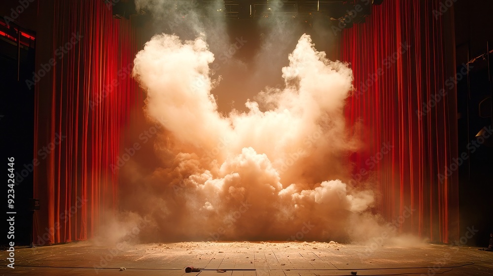 Poster curtain stage with a misty atmosphere, creating an enigmatic setting for performances, blending thea