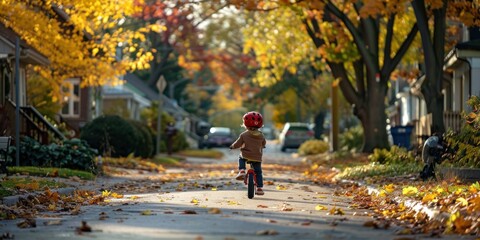 Obraz premium A young child rides a bicycle down a street lined with trees and houses