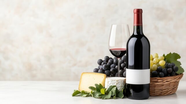 Elegant arrangement of red wine, cheese, and fresh fruits, perfect for a sophisticated dining experience or celebration.