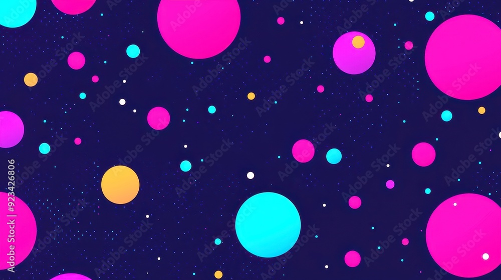Poster multicolored dots on dark canvas, vibrant circular patterns scattered across a deep background, crea