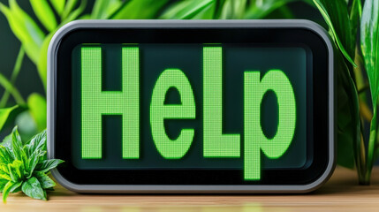 Digital alarm clock displaying help message with greenery