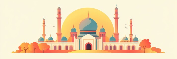 Fototapeta premium A beautiful mosque with intricate details stands tall against a vibrant sunset. The architectural design, minarets, and dome symbolize faith, spirituality, and peace.