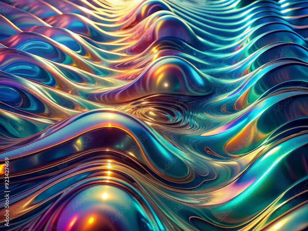Poster mesmerizing holographic chrome gradient waves undulate across a liquid surface, generating intricate