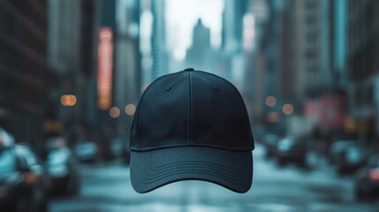 A black baseball cap mockup set against a blurred urban backdrop, showcasing the cap's versatility and style. The image symbolizes street fashion, urban living, and the adaptability of the cap to vari