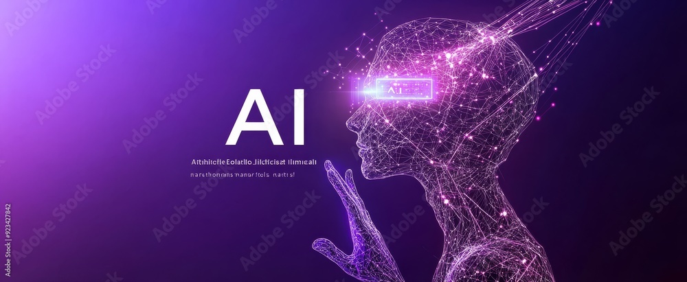 Poster futuristic ai digital human concept on a purple background with illuminated neural network lines