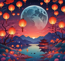 Mid-autumn festival background banner, image of a big full moon in the night sky, surrounded by colorful lanterns.	
